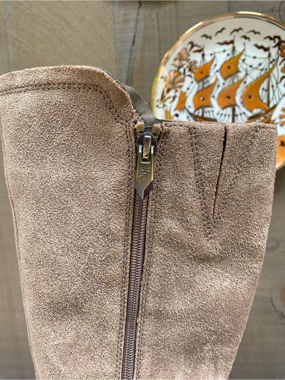 Fergie Taupe Suede Knee-High Block Heel Boots - Picture 6 of 14